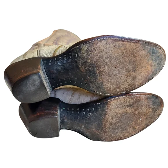 Vintage Larry Mahan Ivory Western Cowboy Boots Ostrich Print Tall USA - Picture 11 of 16